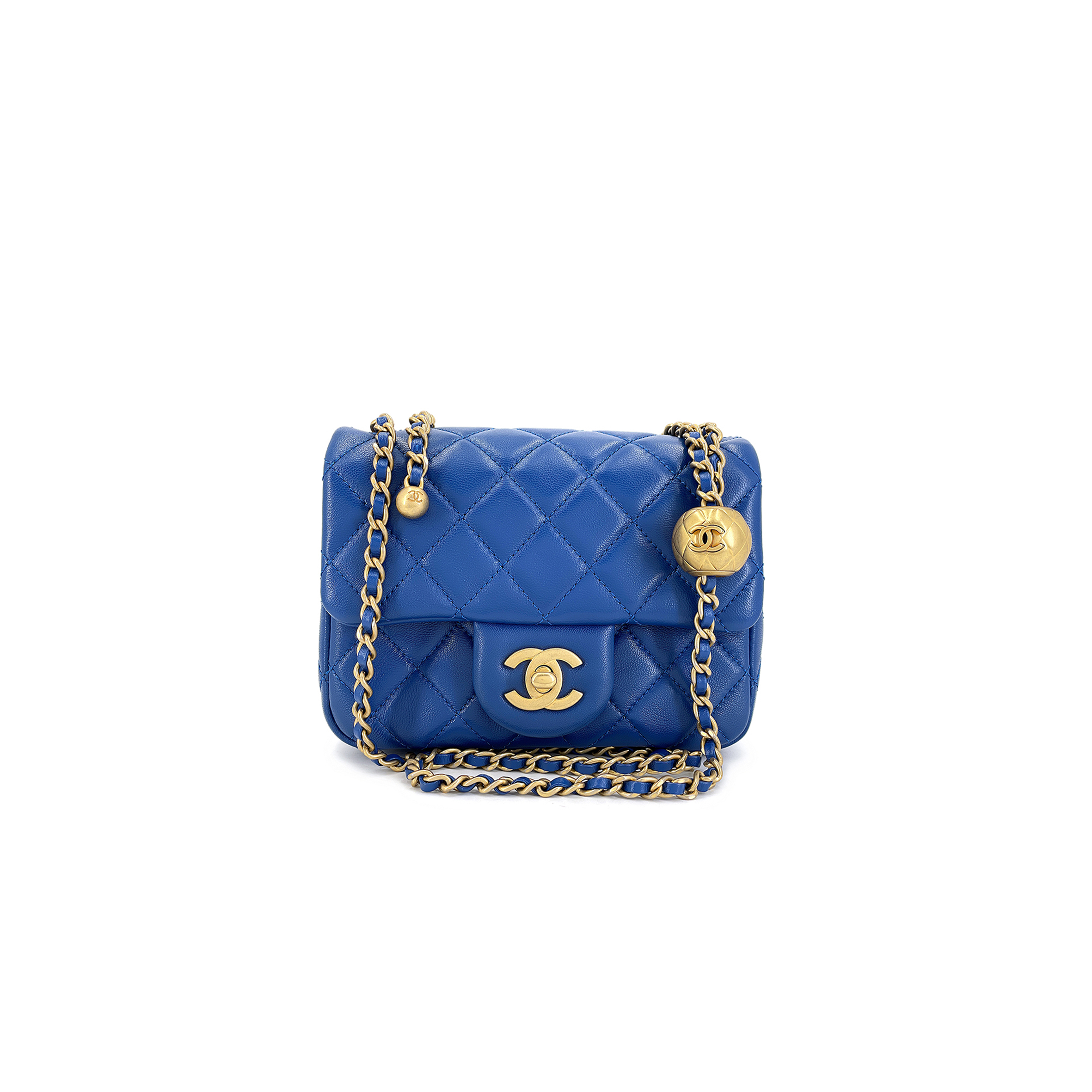 Ch*el blue quilted lambskin pearl crush square mini flap bag aged gold hardware as1786 (18*13*7cm)